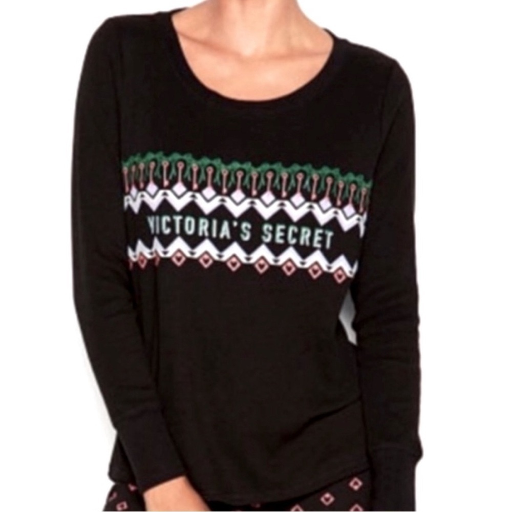 Victoria's Secret Black & Green Thermal Crew Neck lounge sweater top Sz-M. X12